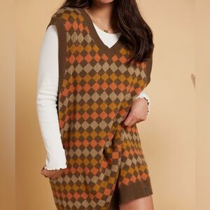 Known Supply NWT Edna Sweater Vest Dress Teak Ombre Argyle Print Size XS